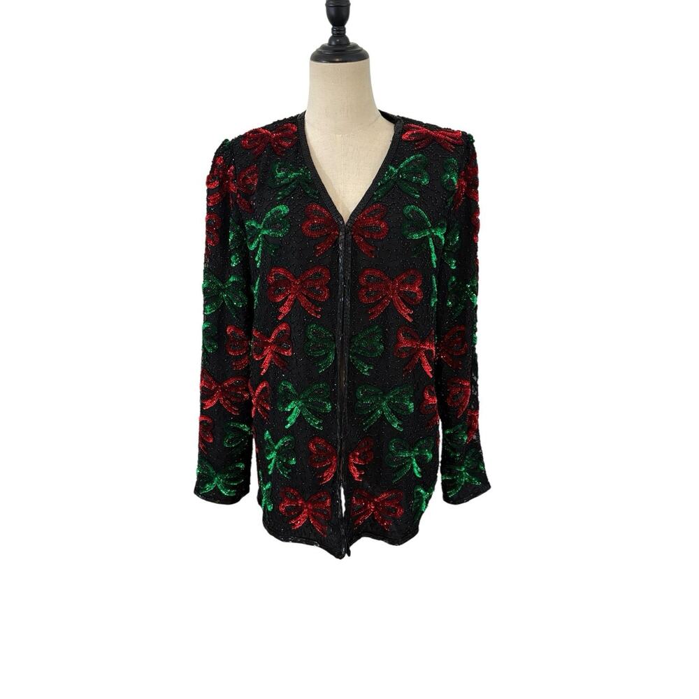 Vtg 80s Lawrence Kazer NY Silk Beaded Jacket Red Green Bows Holiday Partly Sz L